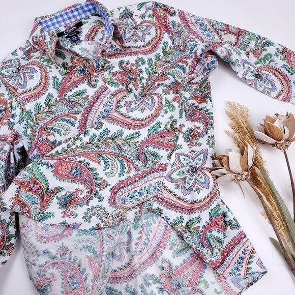 CHAPS White Blue Green Paisley Boho Top M - Picture 6 of 11